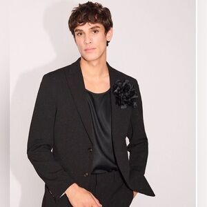 RW&CO black 2 button stretch trendy poly blend lined slim fit 2 piece suit 34